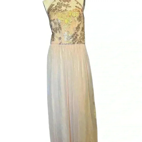 AMSALE Dress 14 Sequin Embellished Maxi Halter Neck Tulle A-Line Cocktail Beige - Picture 2 of 14